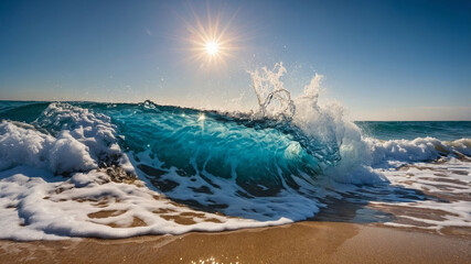 Wall Mural - Sunlight sparkles over crashing waves as they reach the sandy shore at sunset