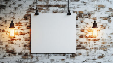 White canvas hanging on a brick wall between two vintage hanging lamps