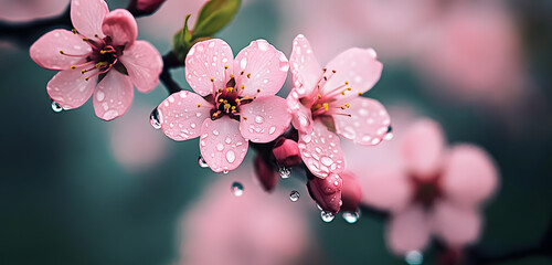 Wall Mural - Delicate Pink Blossoms with Raindrops