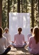 © Ryzhkov - Diverse Group of Men and Women Practicing Mindfulness Meditation in Forest Clearing, Morning Tranquility and Focus, Peaceful Atmosphere