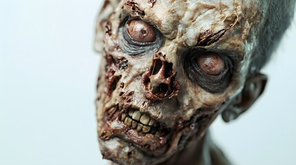 Rotting plague zombie with boils, sores, and a torn party mask, hyper-realistic, eerie and terrifying, isolated on white background