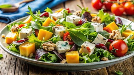 delicious gourmet lunch with fresh salad topped with cheese, appetizing and healthy macro