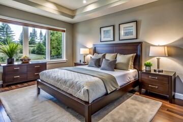 This Modern Marysville bedroom features a rich dark wood bed paired with a sleek upholstered headboard and two