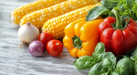 Wall Mural - Fresh vegetables including corn, tomatoes, bell pepper, and spinach on wooden table background