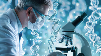 Poster - A scientist examines DNA strands under microscope, showcasing blend of technology and biology. 