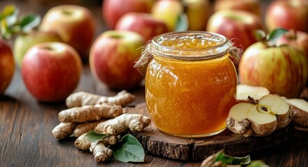 Homemade apple ginger jam in a jar surrounded by fresh apples and autumn leaves on wooden table