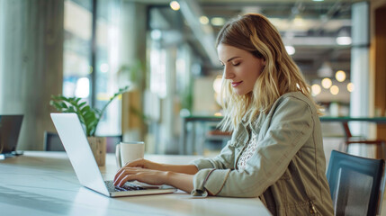Poster - A young woman is focused on her laptop in modern workspace, exuding calm and productive vibe. 