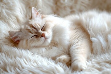 Poster - A White Cat Sleeping on a Furry Blanket