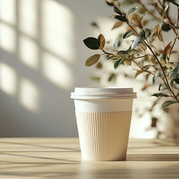 3D rendering of a white paper coffee cup in a minimalist setting