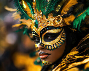 A woman wearing a gold mask and green feathers. The mask is gold and has a black eye