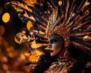 A woman wearing a gold and black costume with feathers on her head