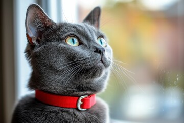 Sticker - Gray Cat with Red Collar Looking Up at Window