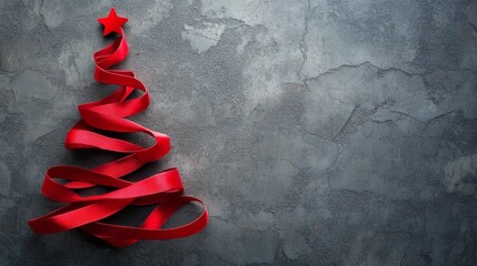 Red ribbon shaped like a Christmas tree on a textured gray background for the holidays