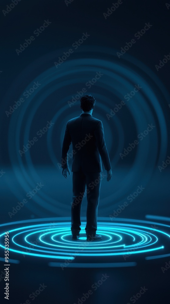 A silhouette of a person standing in a futuristic, glowing environment with circular blue patterns radiating outward.