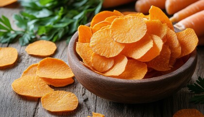 Wall Mural - Freshly sliced carrot chips served in a wooden bowl with vibrant orange colors and fresh greens