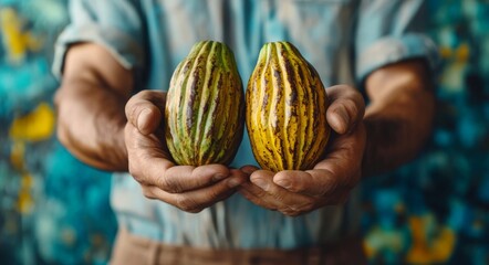 A farmer holds ripe cacao pods showcasing vibrant colors in a rustic environment