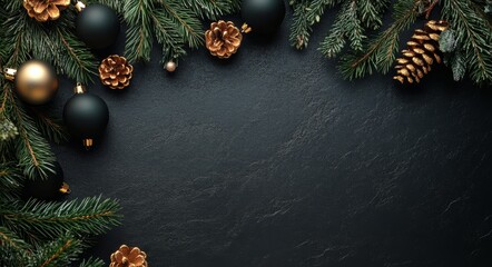 Wall Mural - Elegant black background adorned with gold and black ornaments set among evergreen branches