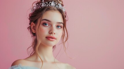 beautiful sixteen girl with dress and crown on pink background