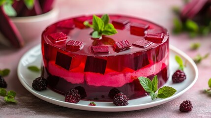 Beautiful layered dessert with jelly, cream, and berry on a pastel pink background