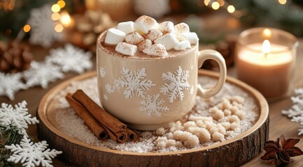 Sticker - Warm mug of hot cocoa topped with marshmallows and spices on a cozy winter table setting