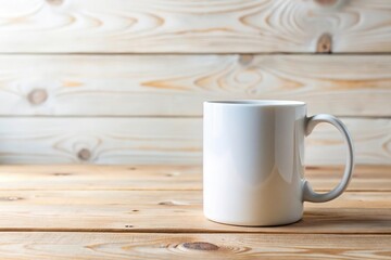 Forced perspective white coffee mug mock up on a light wooden table