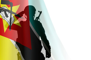 Canvas Print - Silhouette of a soldier with Mozambique flag on white background. National Holidays concept