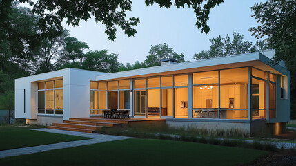 Modern house with glass walls illuminating backyard at twilight