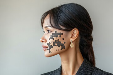 Poster - Brain function BDNF Profile of a woman with puzzle pieces integrated into her face symbolizing the complexities of self discovery and identity formation