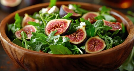 Poster - Fresh salad with figs, prosciutto, and feta cheese served in a wooden bowl for lunch