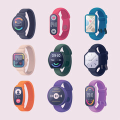 Poster - Digital watches. Fitness bracelets and smart trackers display template of digital watches exact vector set