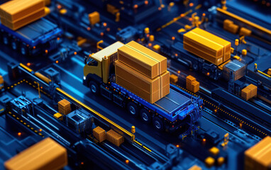 A futuristic truck transporting yellow packages in a high-tech warehouse filled with digital elements and circuit patterns.