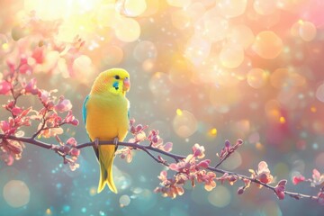 Sticker - Yellow Budgie Perched on a Branch with Pink Blossoms and a Blurred Bokeh Background