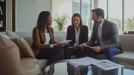 Poster - Three professionals engage in a collaborative discussion in a modern office with large windows and natural light