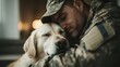 ©  Jovaduplex - A soldier in camouflage uniform shares a tender embrace with a sleeping dog indoors, reflecting a serene moment of companionship and unconditional love amid duty.