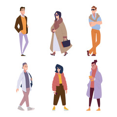 Sticker - Fashioned people. Male and female characters standing in casual modern style clothes exact vector urban outfits collection