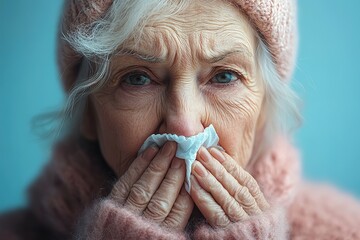 Cold. Portrait of a sad old woman, runny nose. An elderly woman has the flu and sneezes from a seasonal viral problem. Fever and cold in elderly with flu