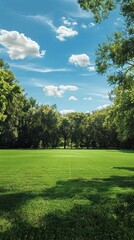 Poster - A large, open field with trees in the background and a clear blue sky