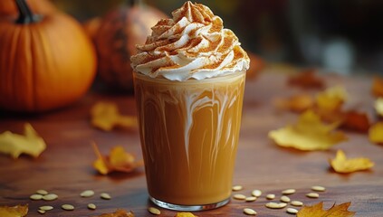 Delicious pumpkin spice beverage served with whipped cream and autumn leaves in cozy setting