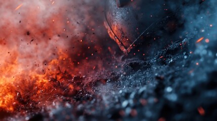 A powerful and dynamic image showing the chaotic and explosive nature of a battlefield, with fiery flames and heavy smoke engulfing the environment amidst the debris.