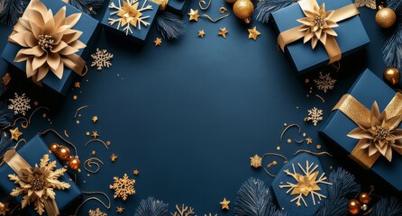 Wall Mural - Festively arranged blue presents with gold decorations and ornaments on a dark background