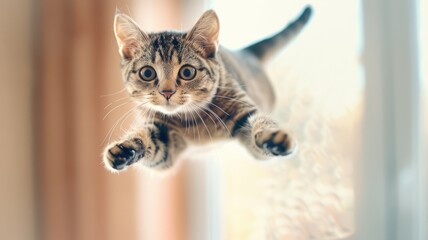 Kitten jumping with a blurred background. Close up of little cat flying or jumping while looking at camera with blurring background. Cute pet and playful kitten concept. Motion. AIG53.