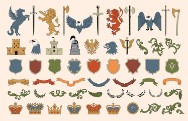 Sticker - heraldic. elements collection for heraldic badges design stylized pictures of weapons shields fantas