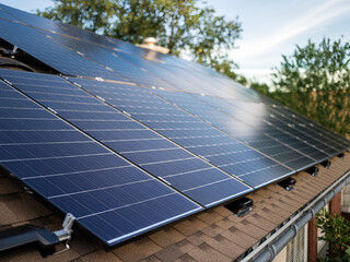 A group of solar panels installed on the roof of a house