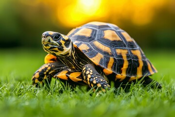 Poster - Yellow-footed Tortoise Walking Through Green Grass