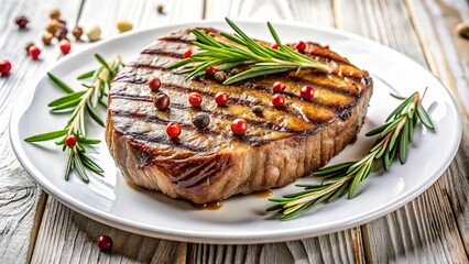 Wall Mural - Grilled meat steak with spices and rosemary on white plate