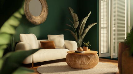 Modern living room interior with green wall and rattan furniture