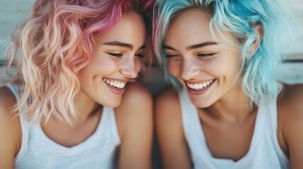 A cheerful image of two friends with vibrant pastel hair dyed in pink and blue, laughing together in a moment of pure joy, reflecting their close friendship and carefree spirits.