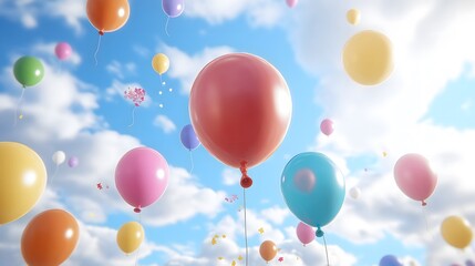 Wall Mural - Balloons close-up, in the blue sky, celebration background, birthday background, festival background, gift background 