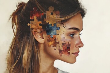 Canvas Print - Neural adaptation Synaptic transmission Side profile of a woman with puzzle pieces integrated into her face symbolizing the complexity of identity and personal growth