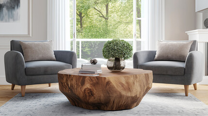 Modern living room featuring two armchairs and wooden coffee table